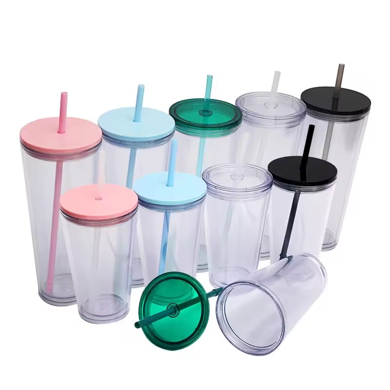 Réutilisable 16 oz 24 oz tumbler doubles mur à double paroi isolée transparente tasse acrylique tasses de voyage classiques de bois de boisson boisson boisson gobeleuse avec les couvercles et les pailles 5 couleurs