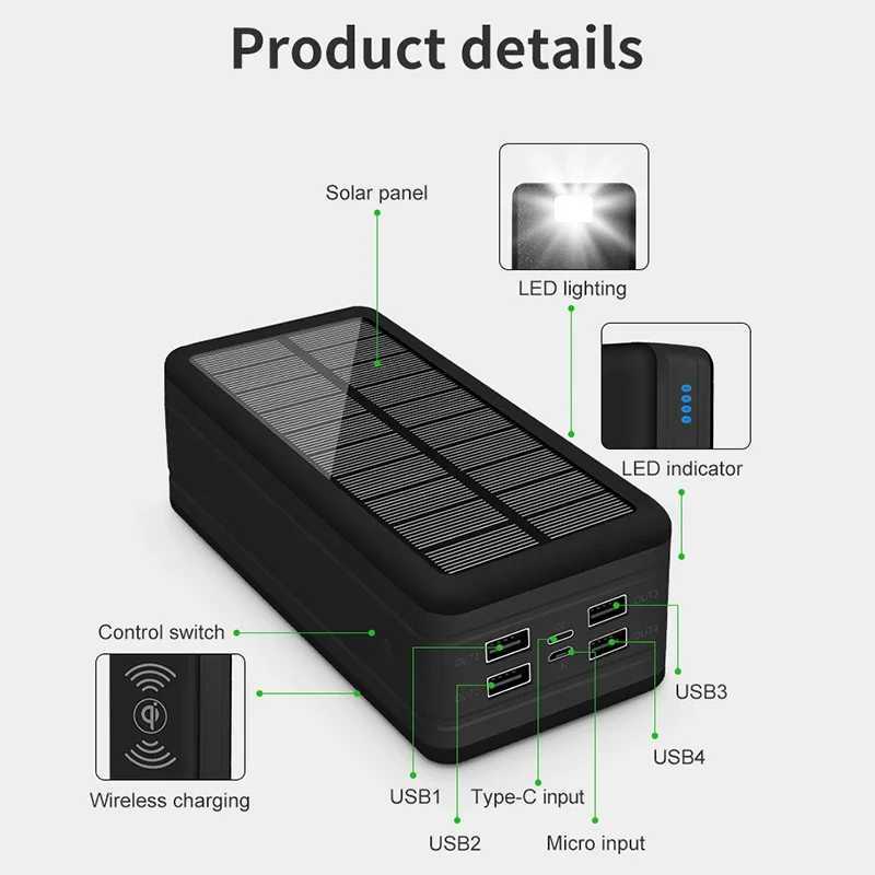 Mobiltelefon Power Banks 100000mAh Power Bank Magnetic Wireless Super Fast Charge 2.1A Solar Charging 4USB PowerBank för Xiaomi iPhone15 Portable Battery J240428