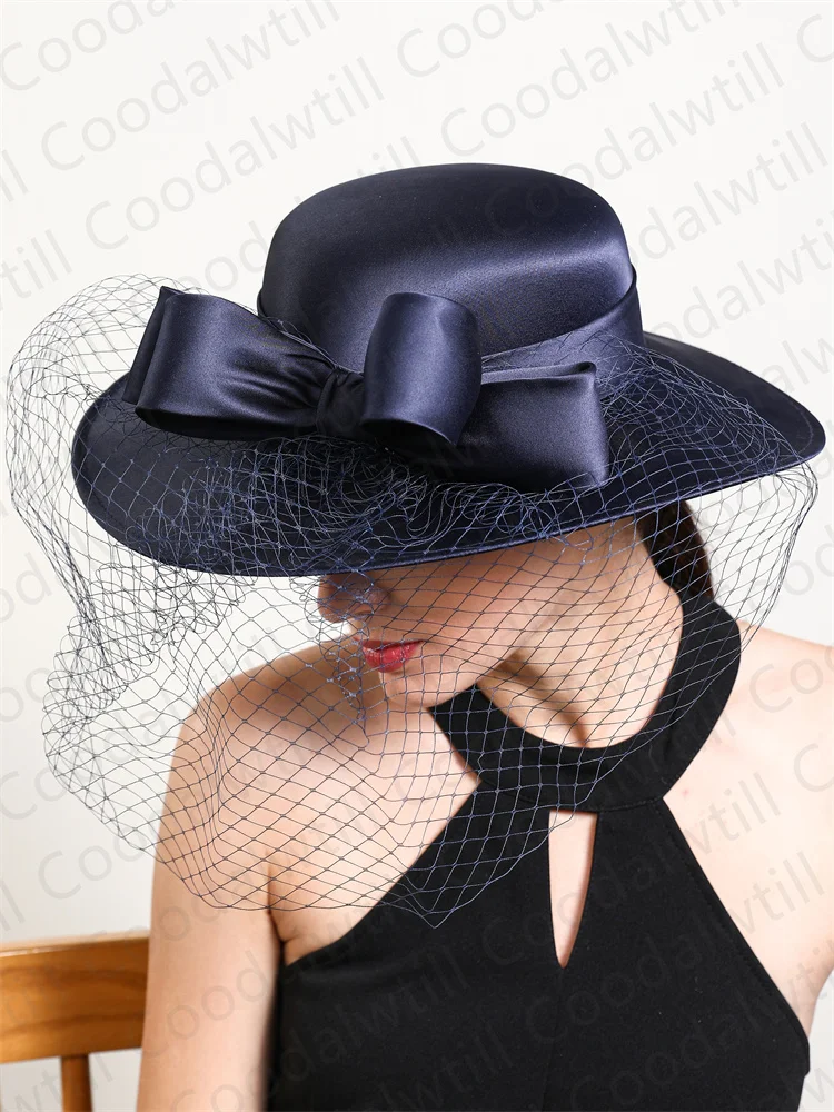 Vrouwen formele feestsluiers Fedora Cap Wedding Church Fascinators Mesh Hat Derby Party Show Chapeau Cap met booghaaraccessoires