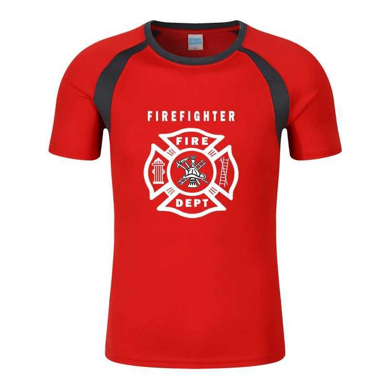 남자 티셔츠 소방관 구조 팀 프린팅 패션 2023 새로운 남성 모든 매치 빠른 건조 짧은 슬브 슬프 여름 통기성 티셔츠 Tops T240425
