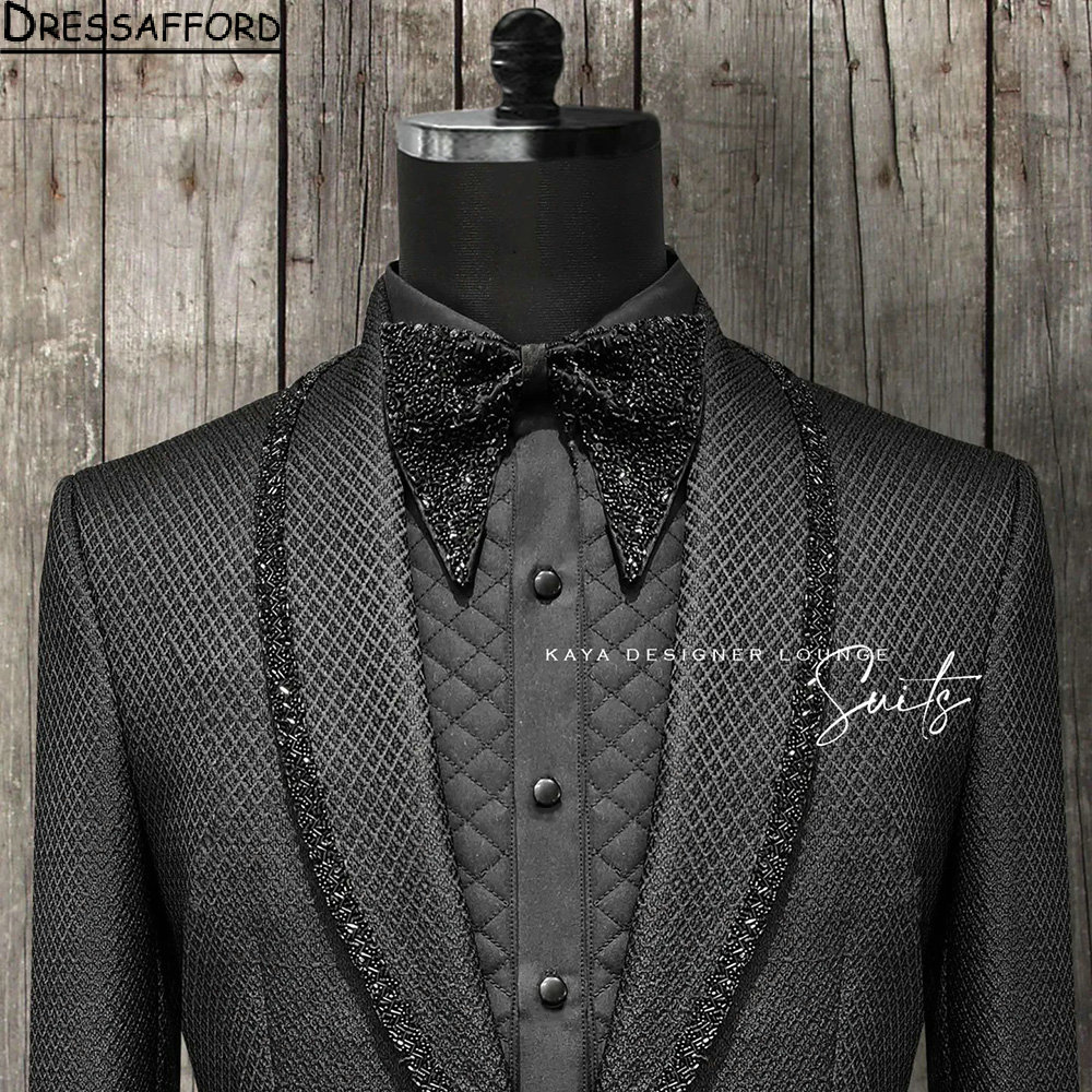 Black Latice Men Abita perline di smoking da sposa in cristallo smoking 2 pezzi set di blazer da ballo blazer Terno Masculino Completo