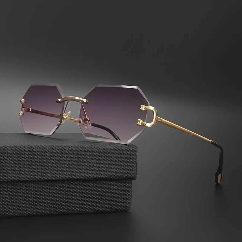 Sunglasses Fashion New Rimless Polygon Mens Sunglasses Octagonal Vintage Shades Gradient Traveling UV400 Women Sun Glasses Party Business T240428