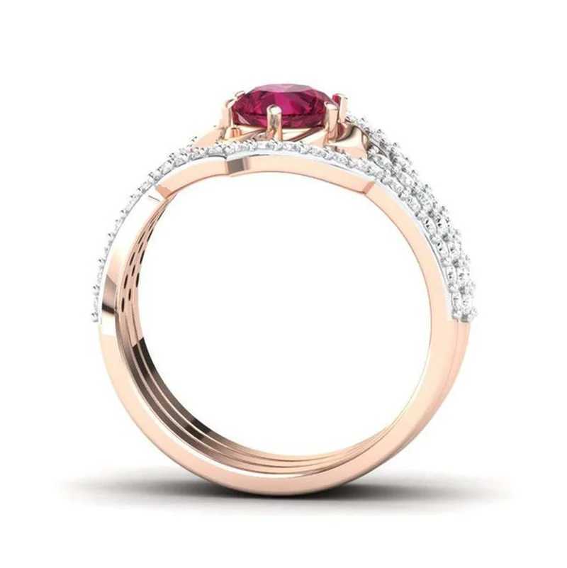 Hochzeitsringe schillernde Roségolden -Farbring für Frauen zarte Metall eingelegene rote Zirkonsteine Eheringe Set Engagement Schmuck