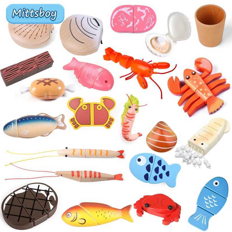 Baby Bath Toys New Montessori Simulation Animal Magnétique Player House Fish Crevettes Crabe Sashime Sashimi Pouet en bois