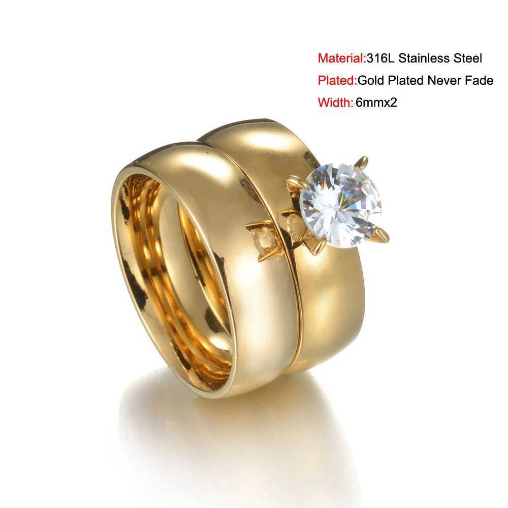Bagues de mariage memolissa 6 mm x2 luxe cristal zircon gold couleur en acier inoxydable joelry mode homme femme couples de mariage anneaux