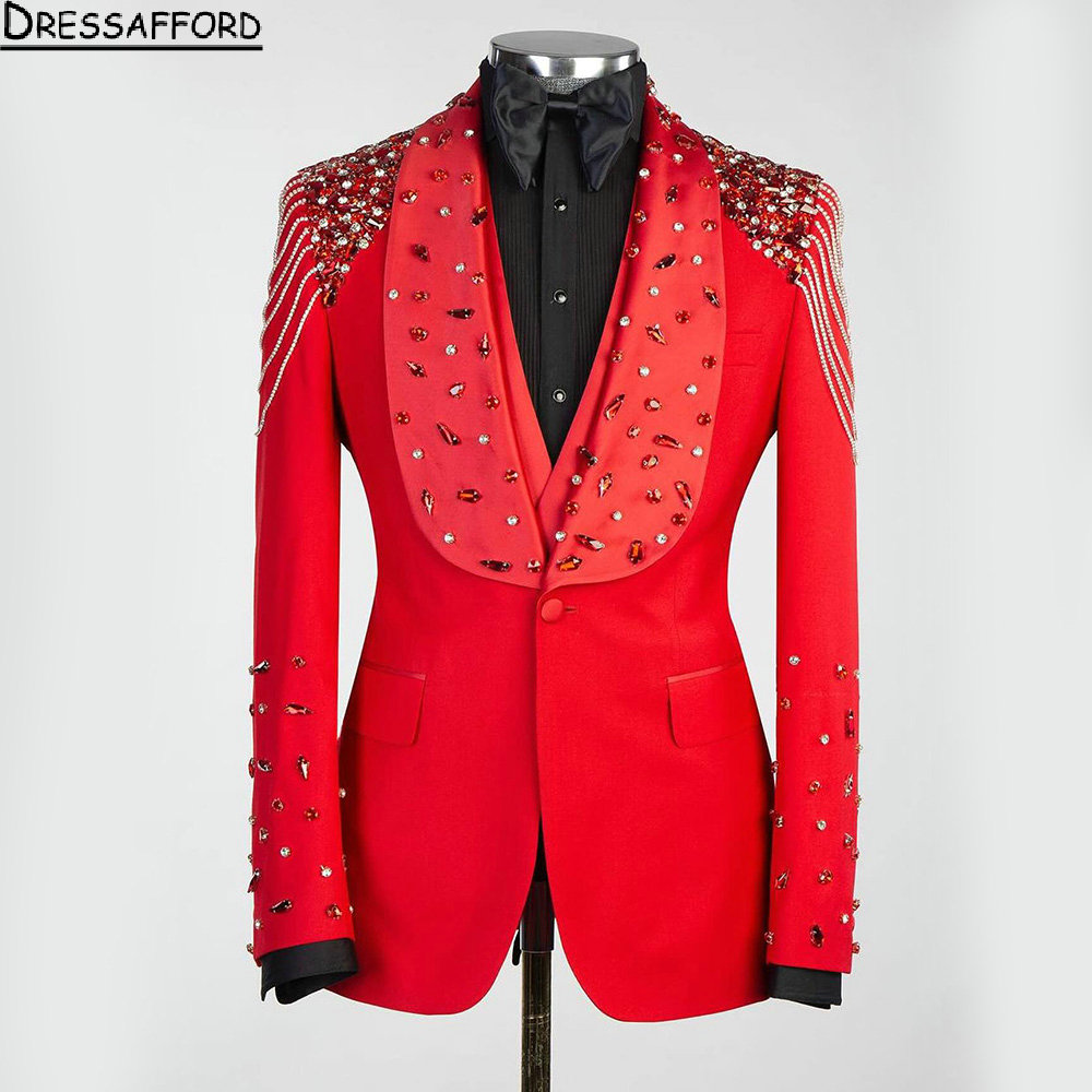 Red Pearls Beading Crystal Men Suits Three Pieces Evening Party Blazer Groom Wear  Jacket + Vest + Pants 