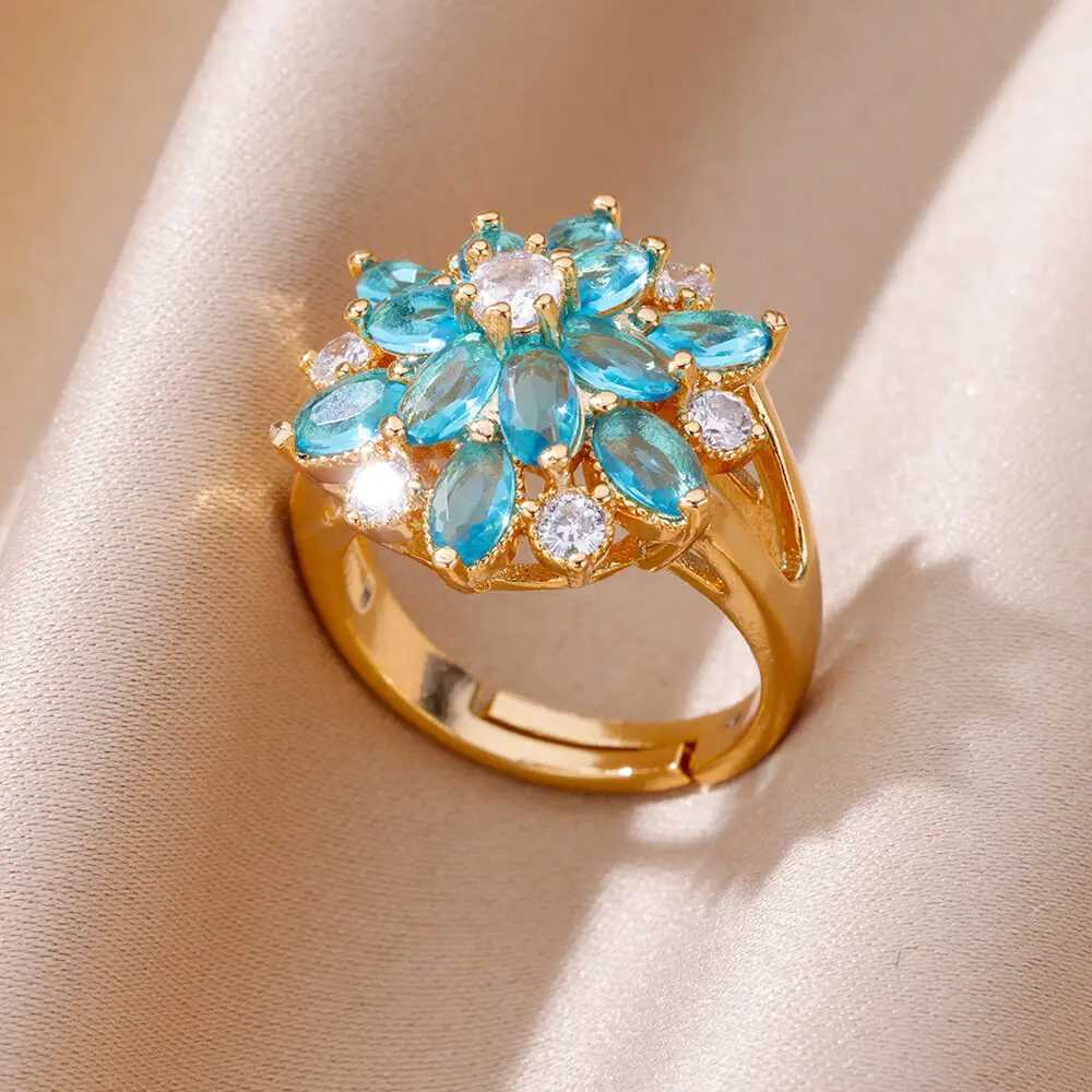 Wedding Rings Blue Zirkoon Bloemring voor vrouwen Goud kleur verstelbaar roestvrijstalen bloem esthetische trouwringen 2024 Inoxidable anillos
