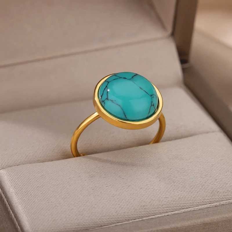 Bröllopsringar runt natursten rostfritt stål ringar för kvinnor opal engagemang bröllop ring justerbar boho vintage smycken nyår gåva