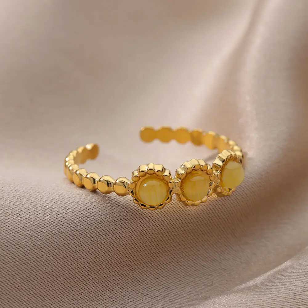 Anneaux de mariage Anneau de pierre jaune géométrique pour les femmes en acier inoxydable or couleur ajusté de pierre de pierre de mariage bijoux esthétique bijoux femme