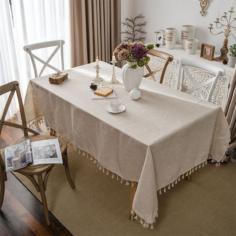 1 -pc vaste kleur linnen boerderijstijl tafelkleed beige randdecoratie stof, geschikt voor eettafels, feesten, rechthoekig tafelkleed buiten.