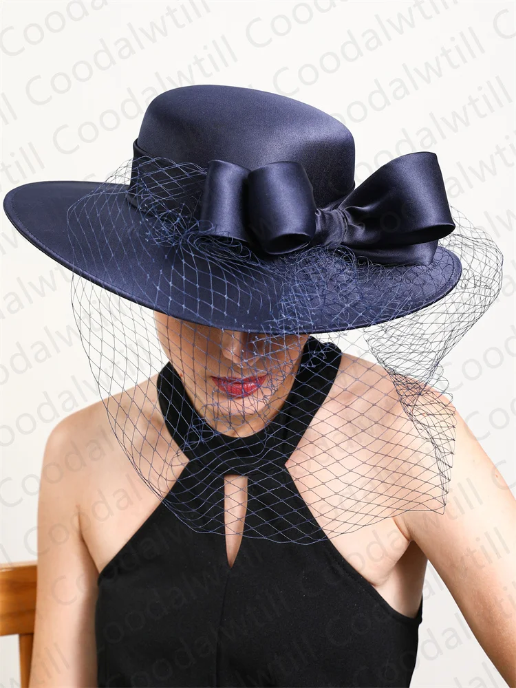 여성 공식 파티 베일 Fedora Cap Wedding Church Facinators Mesh Hat Derby Party Show chapeau 캡이있는 Bow Hair Accessories