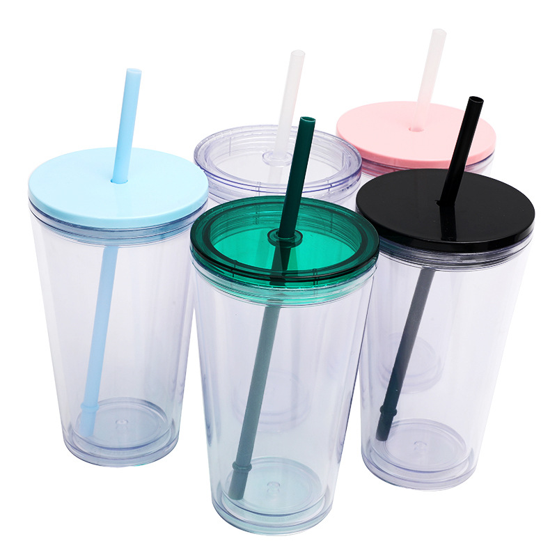 Reusable 16oz 24oz Plastic Tumbler Double Wall Insulated Transparent Acrylic Cup Mugs Classic Travel Drinking Juice Beverage Sippy Cups With Lids And Straws 