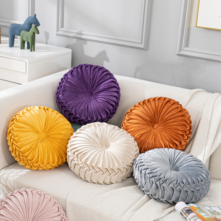 Decorative Round Pleated Throw Pillows, Classy Accent Pumpkin Throw Pillows, Vintage Velvet Floor Pillows for Sofa Couch Vanity Chair Bed