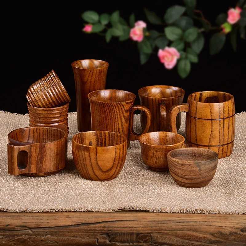 Mugs Wooden large belly cup Japanese style milk water cup with handle beer coffee milk tea cup handmade natural kitchen bar beverage cup J240428