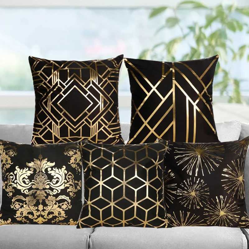 Kissen/dekorative schwarze Kissenbedeckung Geometrische Hülle super weiche kurze Samt Gold bedrucktes Feuerwerk Hülle Sofa Home Decor Funda Cojin Cojin