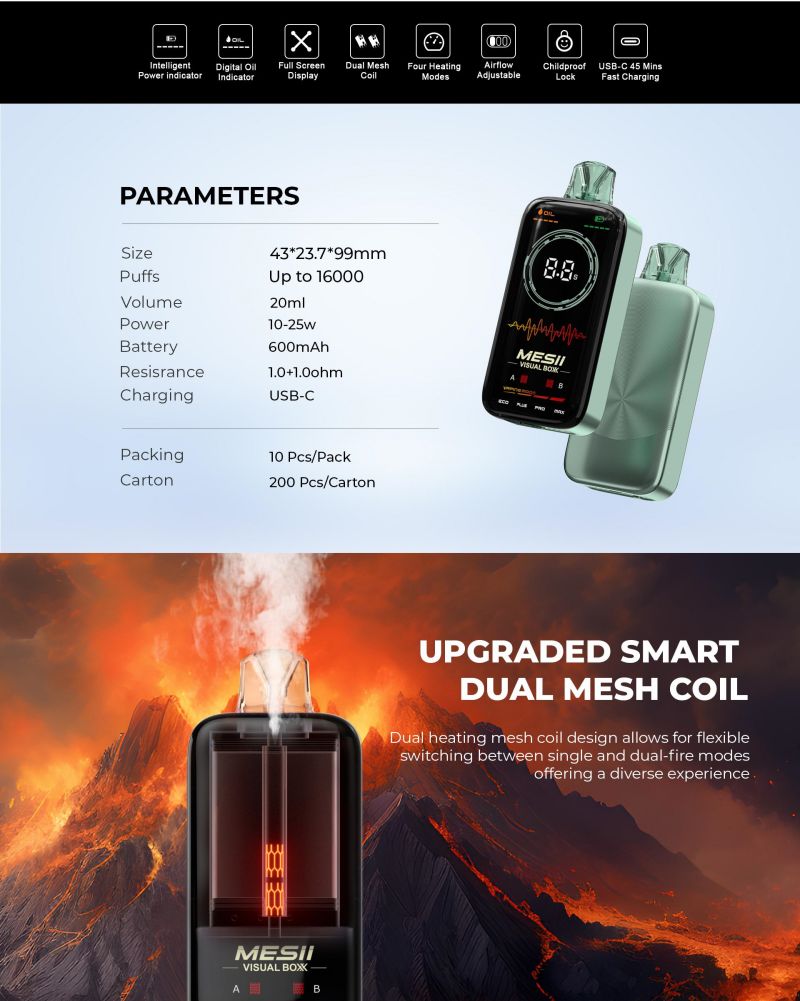 最新の高速輸送MESII 16000Puffsエアフロー調整可能なフルスクリーンVAPE 15Kパフ15Kベープ