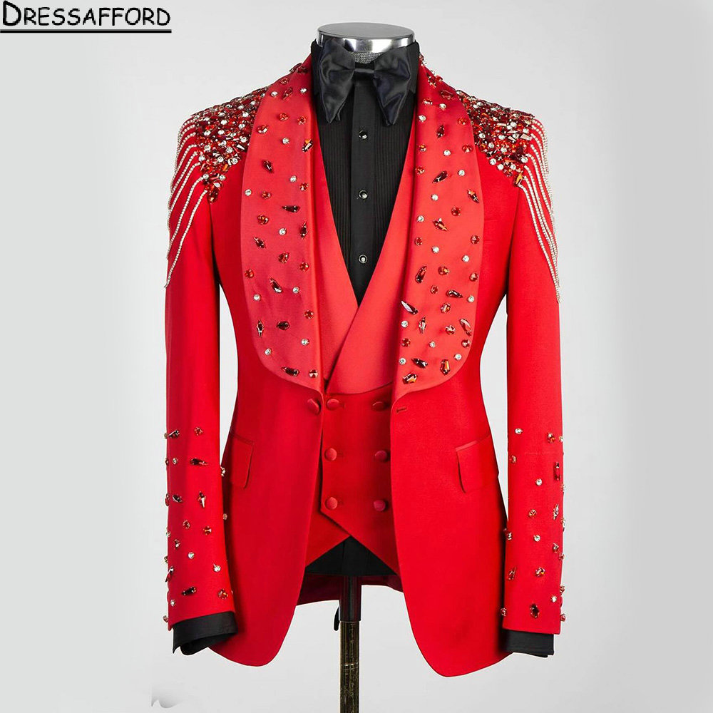 Red Pearls Beading Crystal Men Suits Three Pieces Evening Party Blazer Groom Wear  Jacket + Vest + Pants 