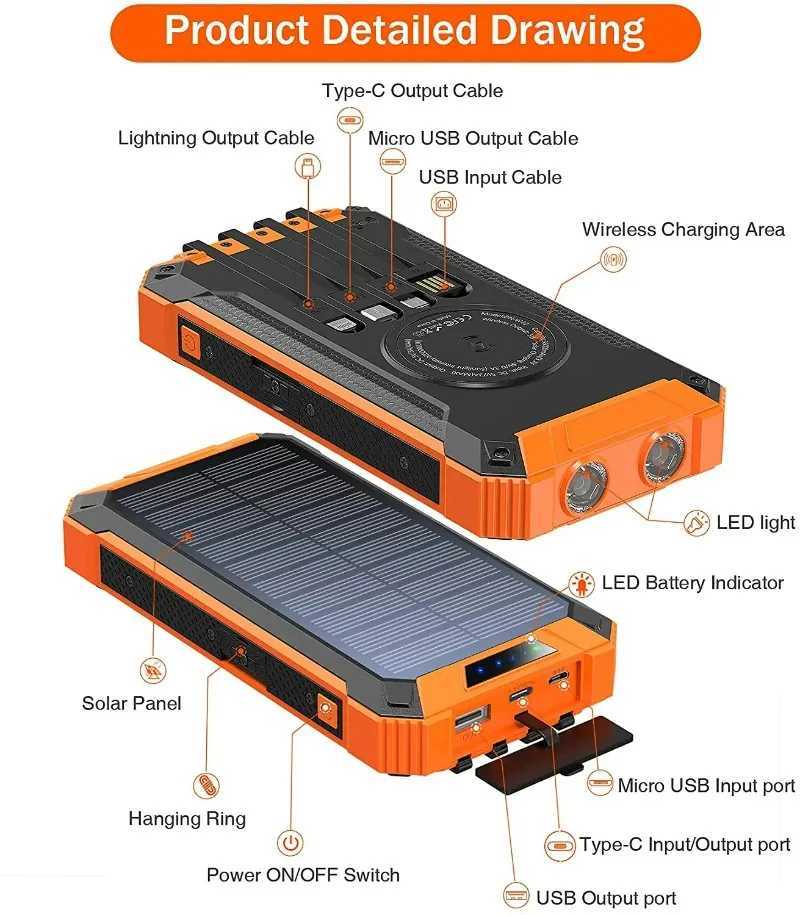 Mobilfunkbänke wasserdichte Outdoor-Solarzellenpackungen mit großer Kapazität von 20000mAh und 30000 mAH Notfall-Wireless Power Pack 4-Wire Universal J240428