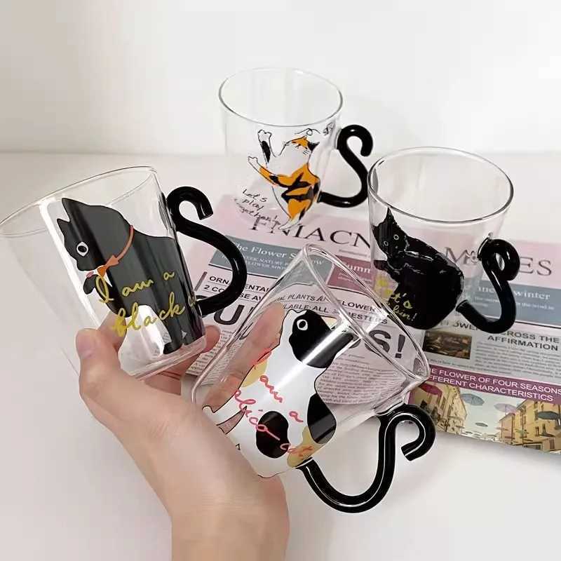 Mugs 1-2 Cute 250ml Black Cat Glass Coffee Cup Set with Handle Animal shaped Milk Juice Cup Japanese Style Gift J240428