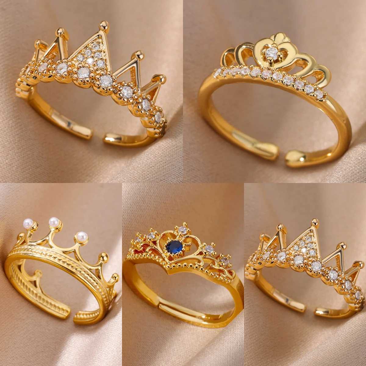 Anelli a fascia zircons anello corona anello vintage in acciaio inossidabile corona oro anello aperto gioielli di moda matrimoni Gift Bijoux Women Q240427