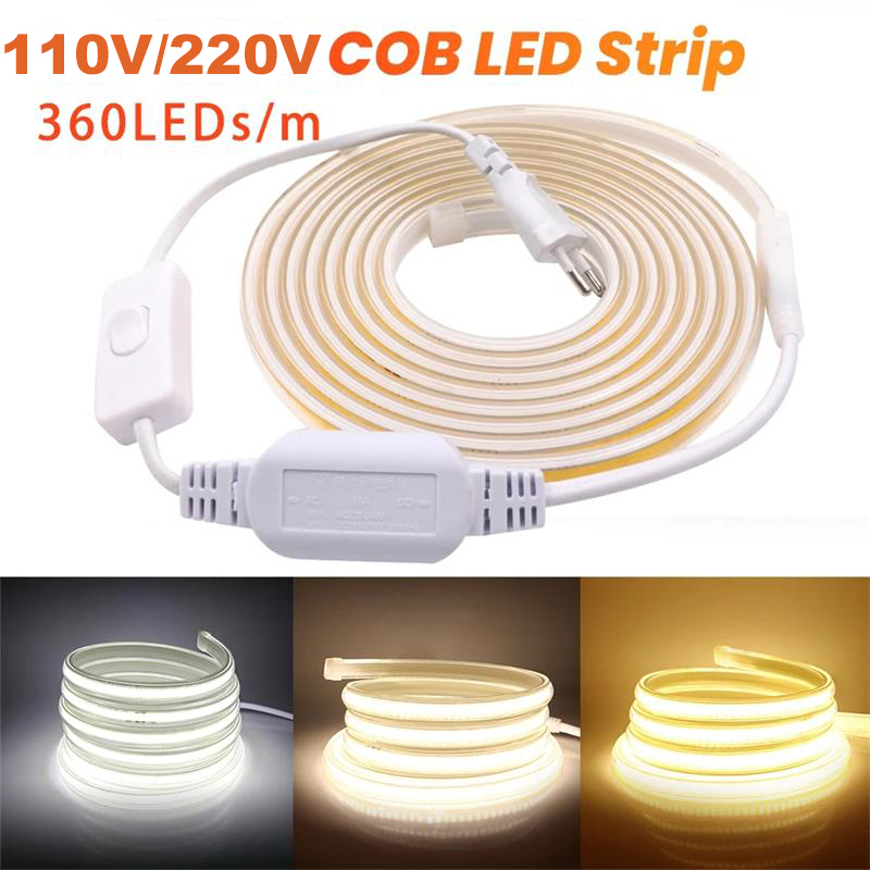 COB LED Strip Light 220V 110V 288LEDS/M 360LEDS/M flexibelt utomhuslysband för kök trädgårdsbelysning