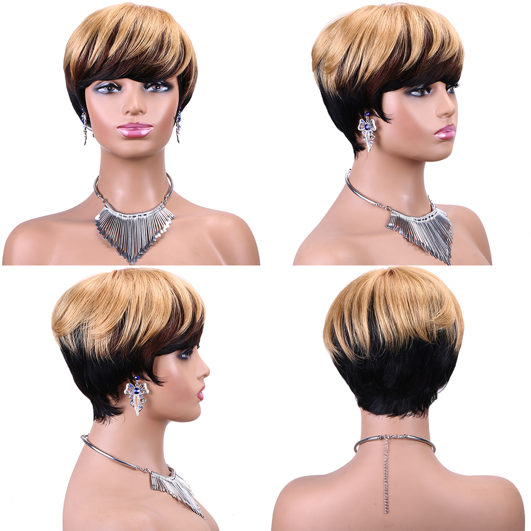 Pixie Cut Perücken für schwarze Frauen menschliches Haar kurze Bob -Perücken mit Pony Black Mixed Braun Highlight Farb Perücken Afroamerikanische gemischte Farbe