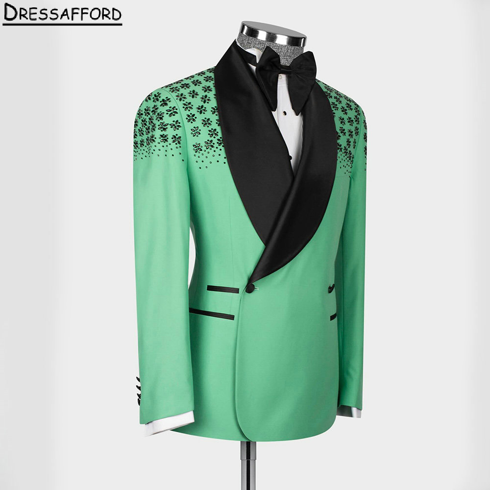 Mint Green Two Men Men Suits Black Freading Crystal Evening Evening Party Blazer Groom Wear kurtka + spodnie