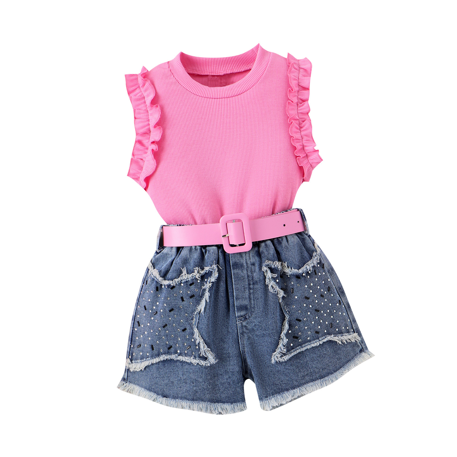 Sommerkinder Kleidungsstücke Mädchen Rüschen ärmellose Tops Strasssteine Quastenstars Denim Shorts Fashion Kids Casual Outfit Z7926