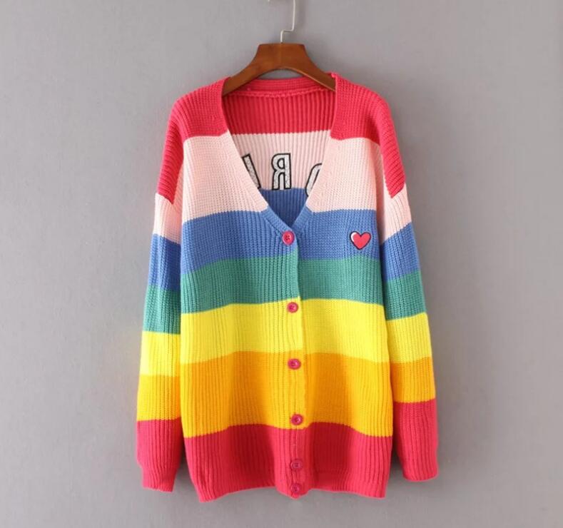 Neue Strickwaren für Frauen Frühling und Herbst Trendy Regenbogen farbenfrohe Streifen kontrastieren süßer Strickjacken Pullover LOSSCHLIESSER