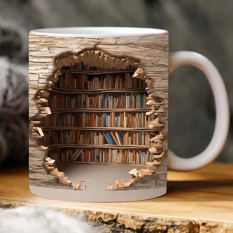 Mugs Creative 3D bookshelf cup library bookshelf cup space design bookshelf cup book club cup novel coffee cup Christmas gift J240428