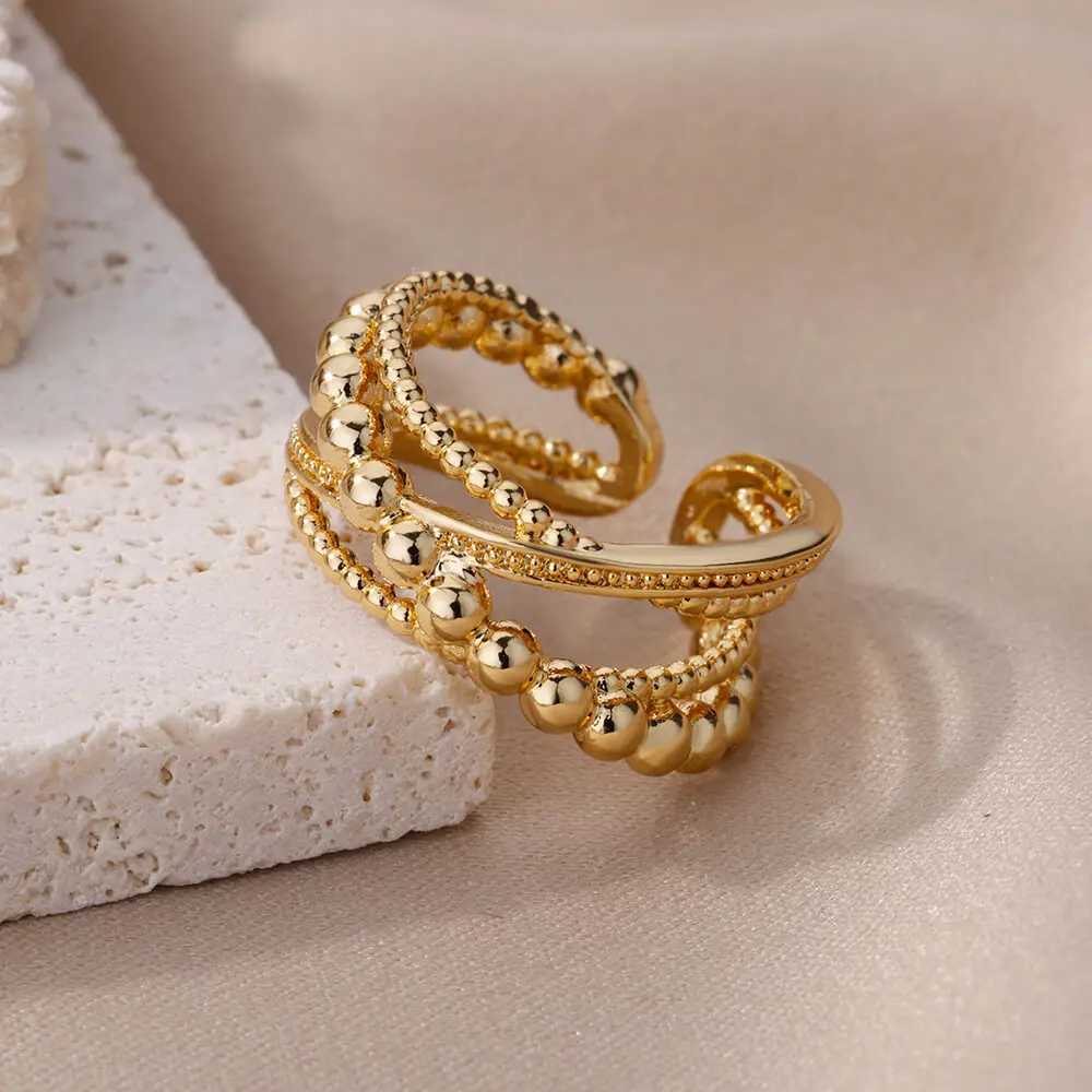 Wedding Rings Stainless Steel Bead Twist Cross Rings For Women Gold Color Irregular Opening Ring Wedding Aesthetic Jewelry anillos mujer