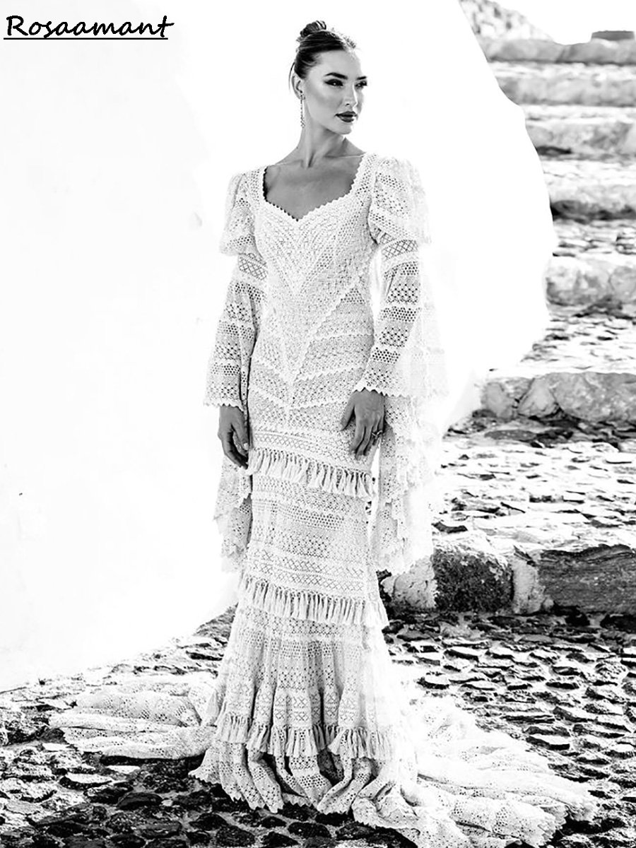 Boheemse lieverd Appliques Lace Tassel Mermaid Wedding Jurken Long Flare Sleeve Open Back Bridal Ghows Robe de Mariee