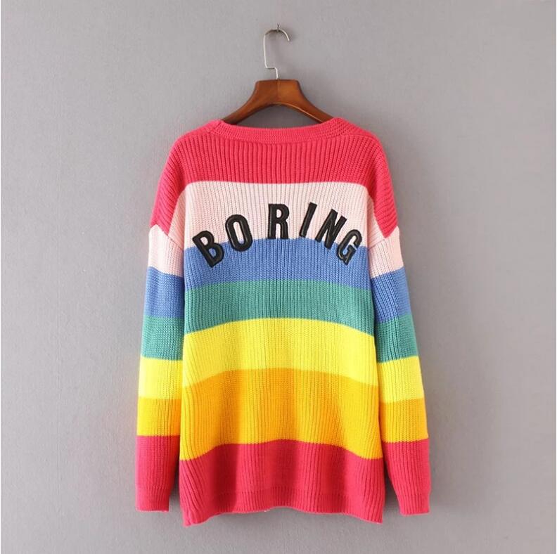 Neue Strickwaren für Frauen Frühling und Herbst Trendy Regenbogen farbenfrohe Streifen kontrastieren süßer Strickjacken Pullover LOSSCHLIESSER