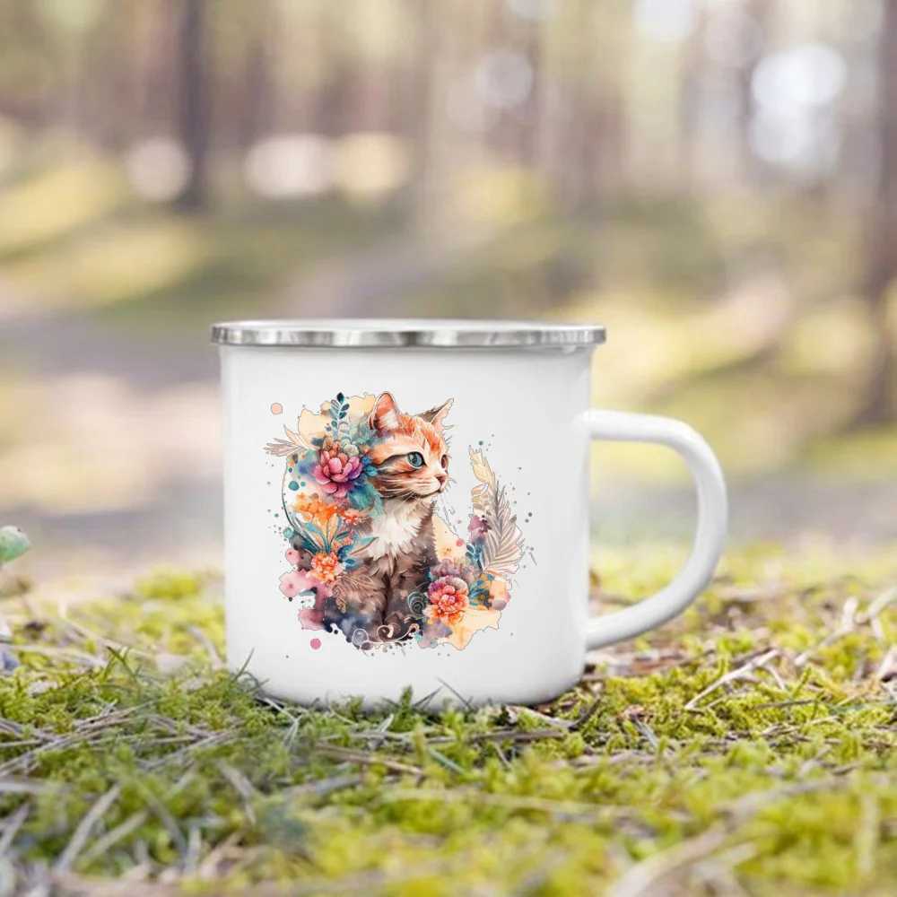 Muggar Dinosaur Horse Flower Printed Emamel Cup Creative Coffee Beverage Cup Camping Campfire Cup Handle Cup Childrens Family and Friend Gifts J240428