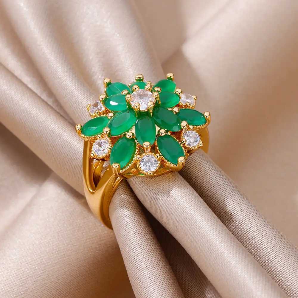 Anelli di nozze anelli floreali zirconi verdi donne in acciaio inossidabile oro design a doppio anello di design le donne accessori regalo di compleanno