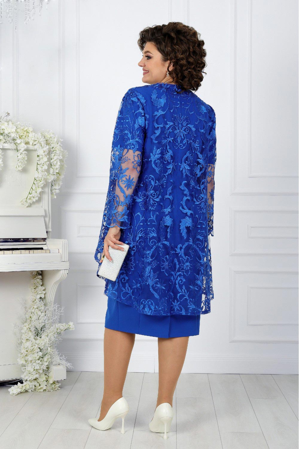 Blauwe kanten moeder van de bruid jurken met lange mouwen jas bruiloft gast jurk thee lengte plus size size jurken
