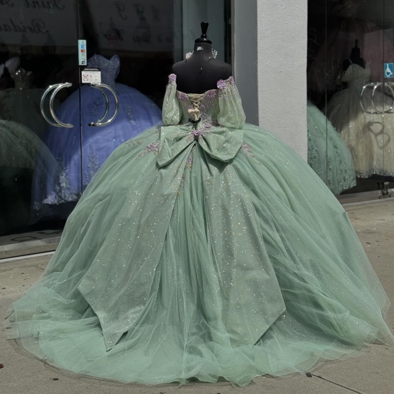 Mint Green Off Rzemant Shiny Ball Suknia Quinceanera Sukienki 2024 Klasyczne aplikacje koronkowe koraliki Słodka 16 sukienka Vestidos de 15 anos