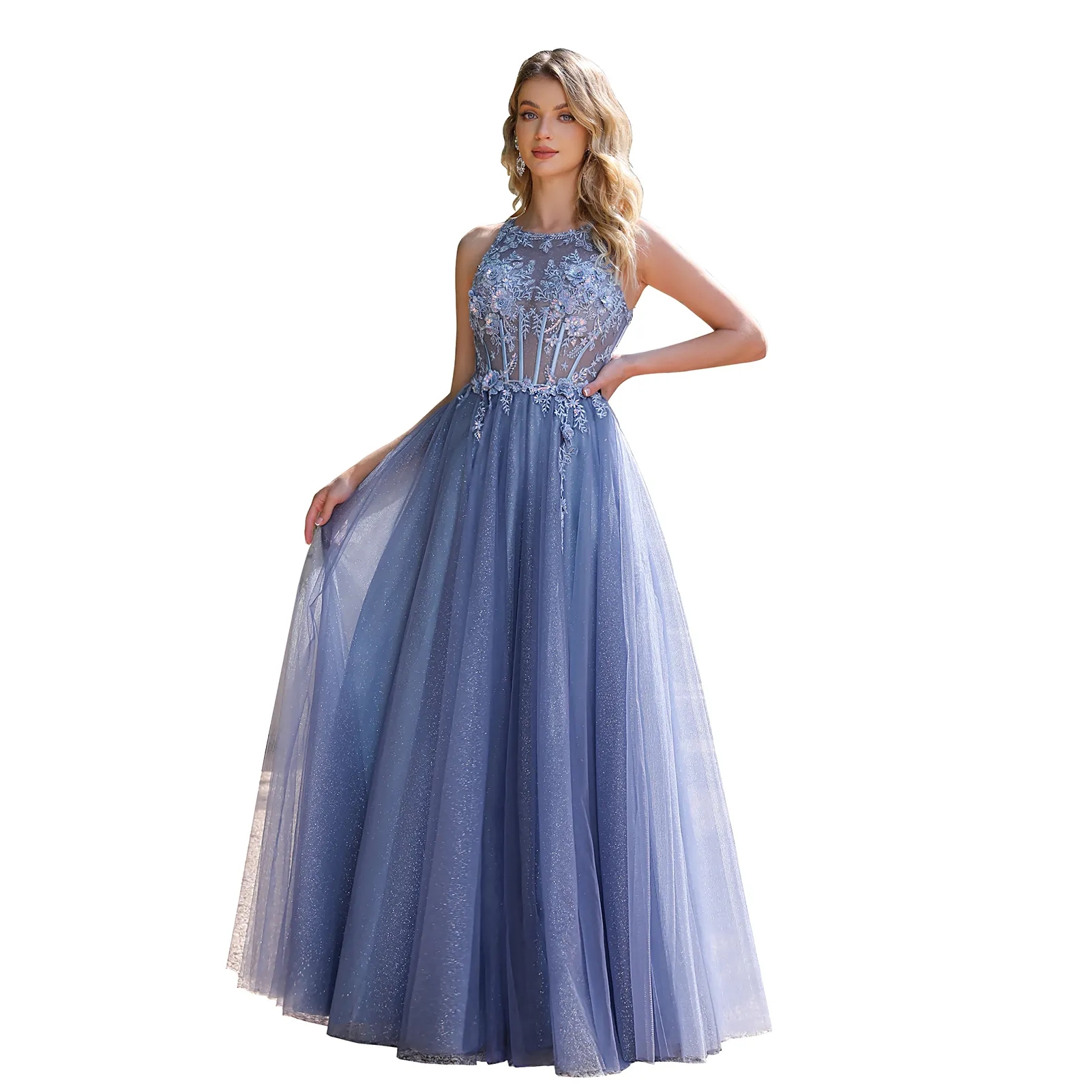Ocean Blue Hollow Backless Bridesmaid Prom Dresses 2024 A Line Appliques Sheer Jewel Neck Tulle Long Evening Gowns With Appliques
