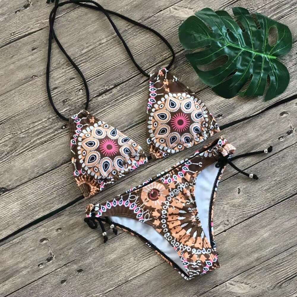 Women's Split Bikini Swimwear with Floral Print and Multiple Rope Straps