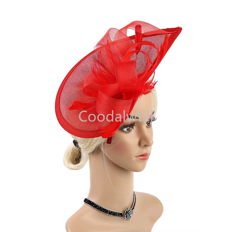 Sinamay fascinator cocktail party hoed vrouwen veer bloem hoofddeksel kerk bruiloft pillendoos pet elegante bruid haaraccessoires