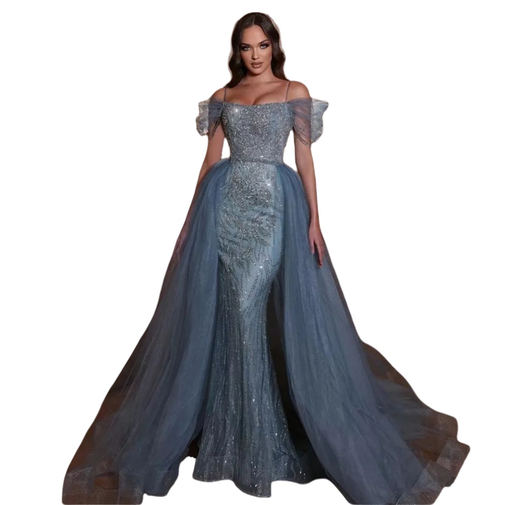 2024 Evening Dresses Wear Dusty Blue Off Shoulder Spaghetti Straps Mermaid Sweep Train Sequined Lace Crystal Beads Plus Size Prom Gowns Party Dresses Overskirts