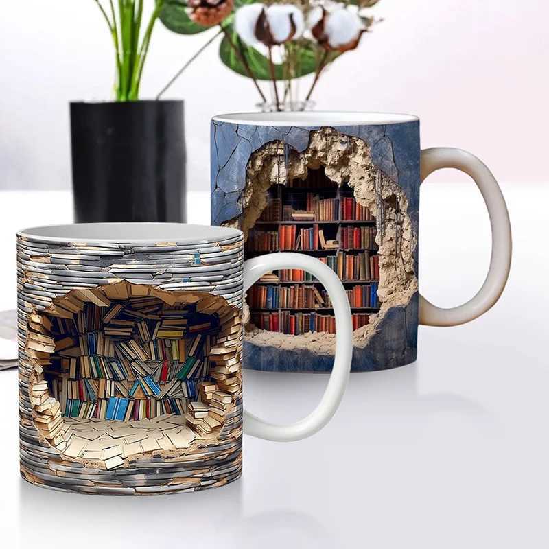 Mugs Creative 3D bookshelf cup library bookshelf cup space design bookshelf cup book club cup novel coffee cup Christmas gift J240428