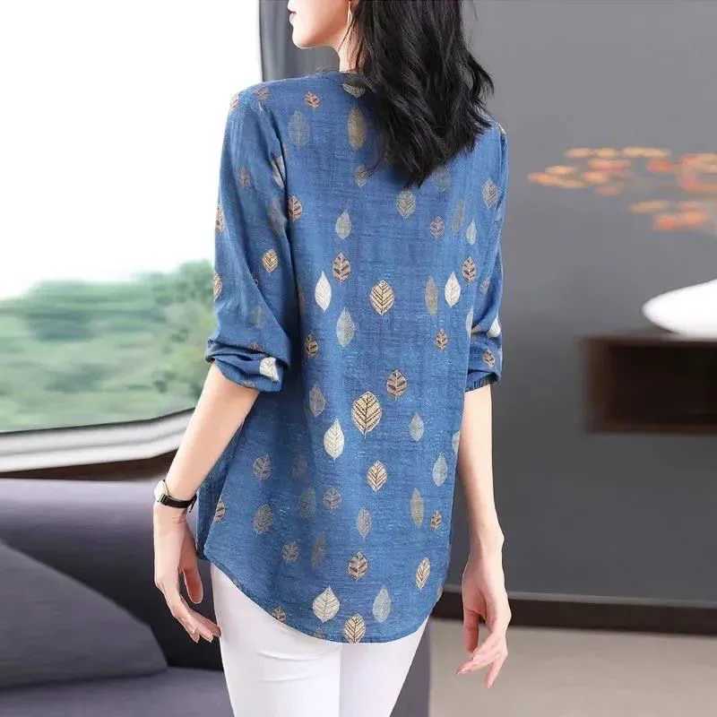 Women's Blouses Shirts Women Spring Autumn Style Blouses Shirts Lady Casual Thr Quarter Slve V-Neck Leaf printed Blusas Tops MM1187 Y240426