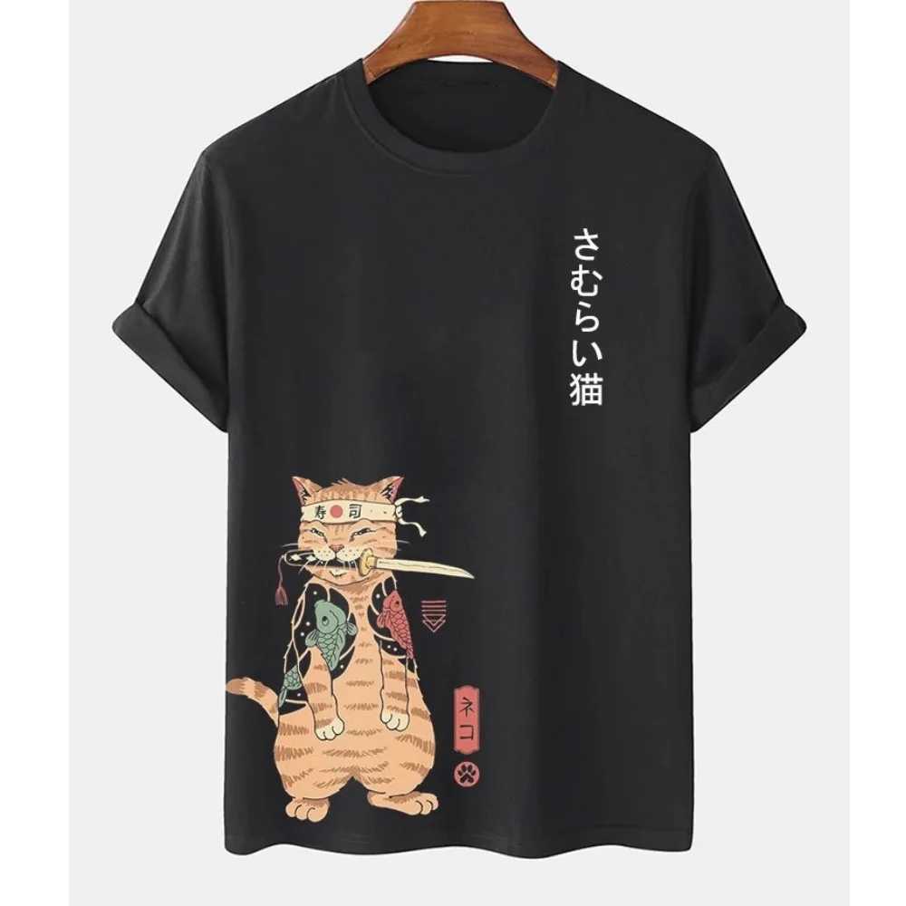 Camisetas para hombres Cartoon anime samurai gato camiseta impresa para hombres hip hop al aire libre harajuku ropa vintage casual de O-cut o lo suelto slve ts y240429