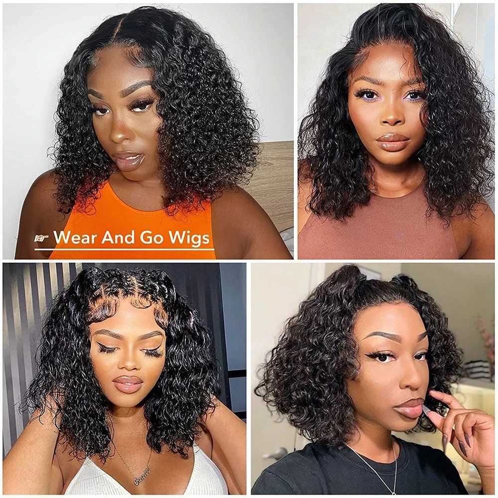 Synthetic Wigs Short wave wig without glue pre cut 4x4 lace natural curly female hair Q240427