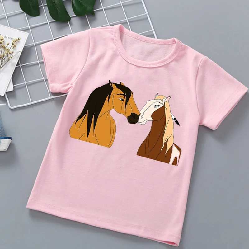 T-shirts 2024 Hot Spirit Mustang T-shirt Girl Girl T-shirt Vêtements Anime Cartoon Childrens Vêtements Childrens drôles Vêtements Pink Shirt T-shirt TOPL2404