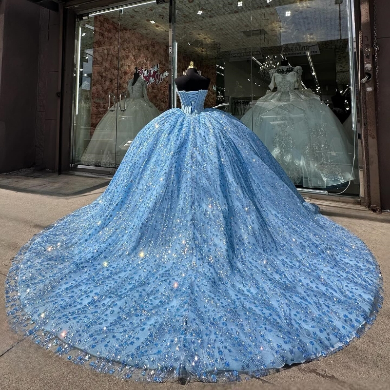 Sky blauw van de schouder Quinceanera -jurk voor zoete meid lovertjes kristal Tull Graduatin Party Rom Dress Vestidos de 15 anos