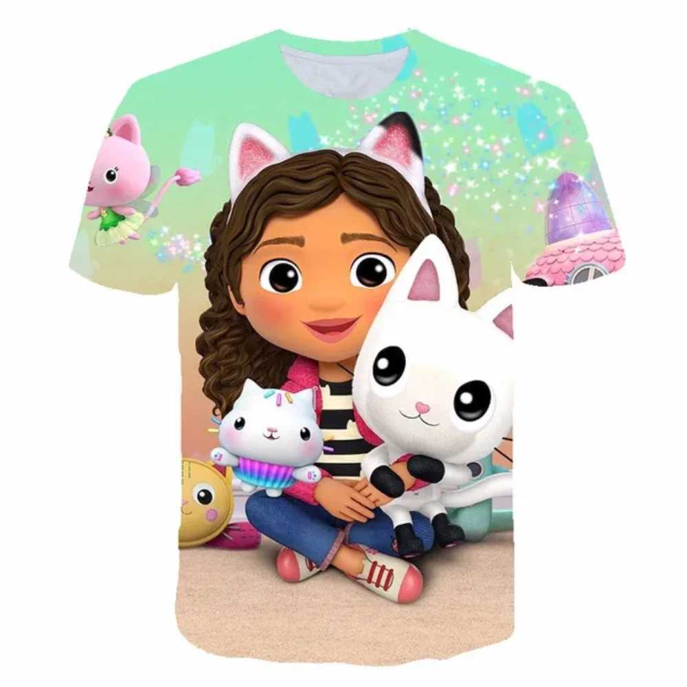 T-shirts T-shirt de dessin animé Gabby Dollhouse 3D Vêtements de rue imprimés pour garçons et filles mignons T-shirt surdimensionné de la mode décontractée pour enfants TOPL2404