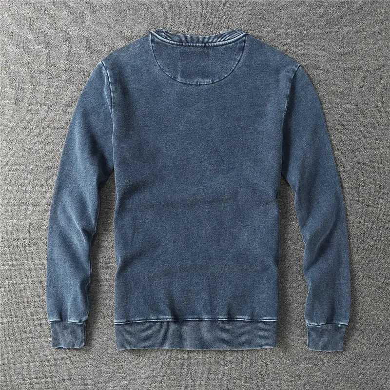 Sweats à capuche masculine Sweats Sweats Automne Nouveau pull en tricot en denim Vintage Mentils Simple 100% coton Heavy Dut Wash Old Youth Youth Laquered Sportswear H240429