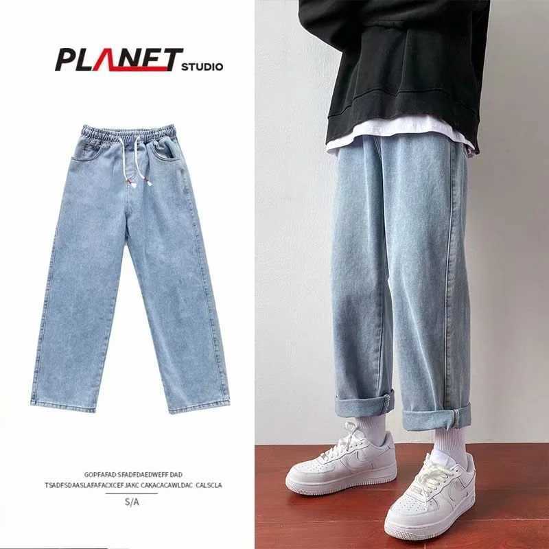 Jeans masculins pour hommes droits de mode coréen détendue jeans hip-hop pantalon large de jambe élastique élastique short denim Q240427